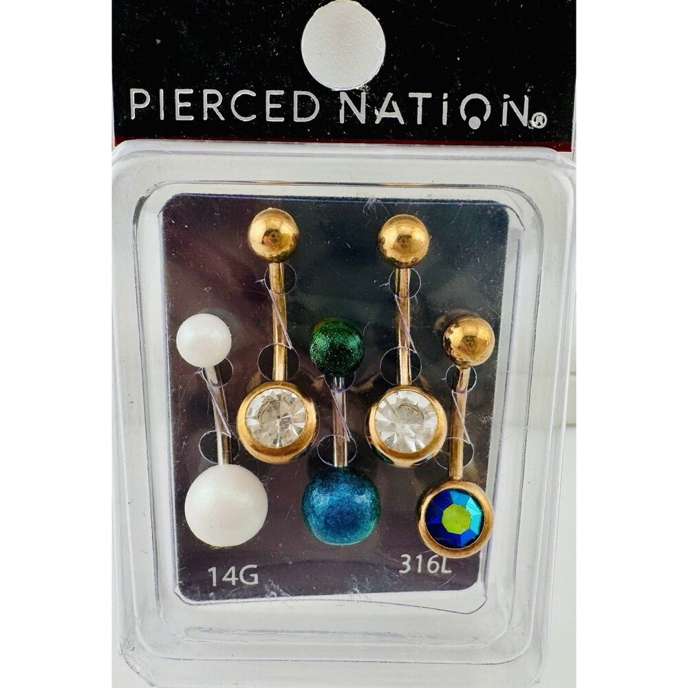 Pierced Nation 5 Pack AB Rhinestone Blue Green Opalescent Gold Tone NEW